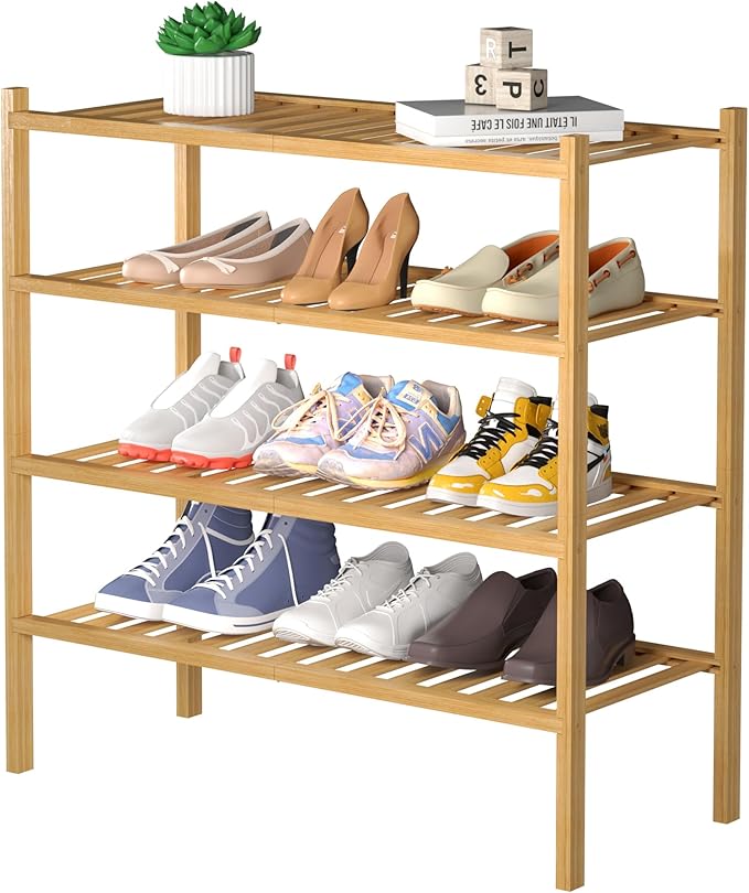 4 Tier Bamboo Shoe Rack for Closet Free Standing Wood Shoe Shelf for Entryway Small Space Stackable 27
