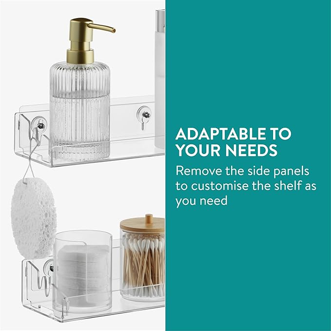 Navaris Clear Acrylic Shower Shelves (Set of 2) - Stick On or Screw Mount Adhesive Shelves for Bathroom - No Drilling or Nails Thin Plastic Wall Shelf