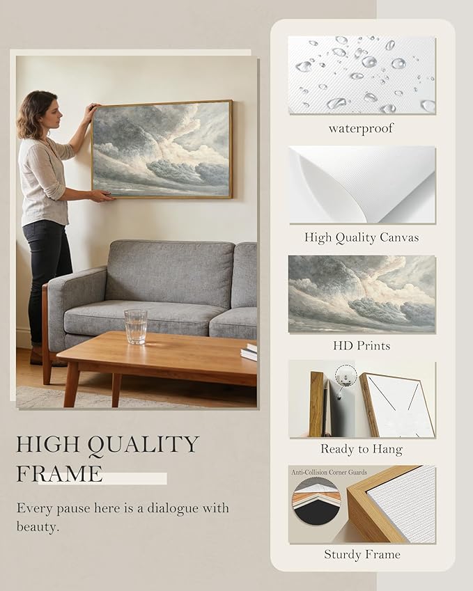 SHENIFY Landscape Framed Canvas Wall Art 24x36in Large Vintage Classical Clouds in the Sky Prints Hallway Bathroom Office Decor - Natural Framed