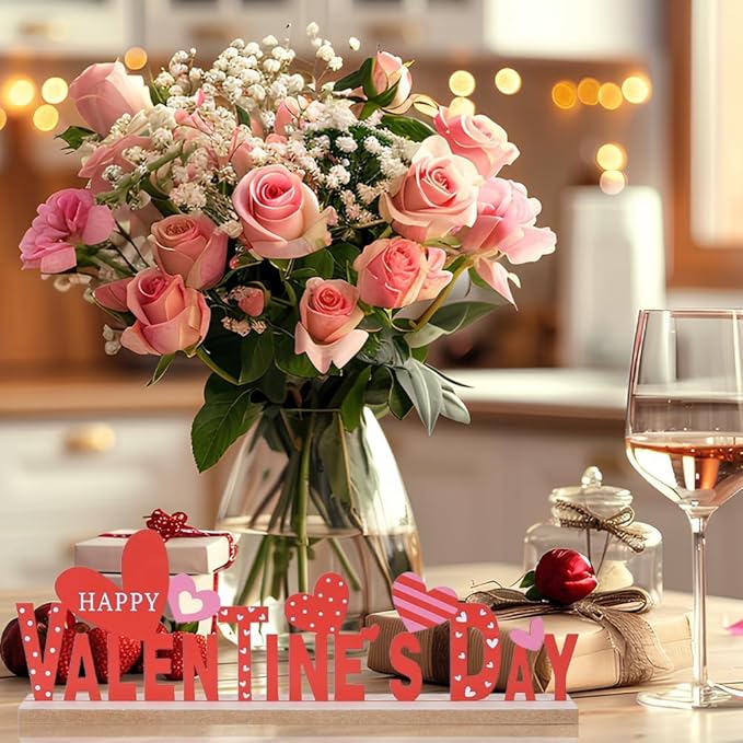 MEETYAMOR Valentines Day Decorations, Wood Metal Happy Valentines Day Sign for Table Decor, Farmhouse Rustic Valentines Day Decorations for Home, Kitchen, Mantle, Shelf