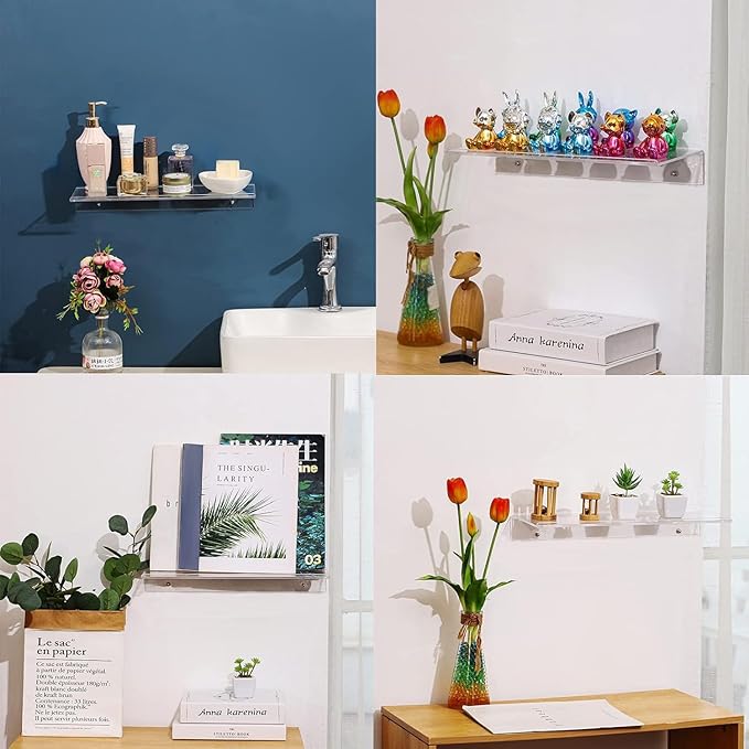 Clear Acrylic Floating Shelves Set of 4 for Lego Sets Funko Pop Collectibles Kids Bookshelf Figures Plant Picture Photo Modern Wall Ledge Floating Shelf for Bedroom Decor Living Room Wall Shelf