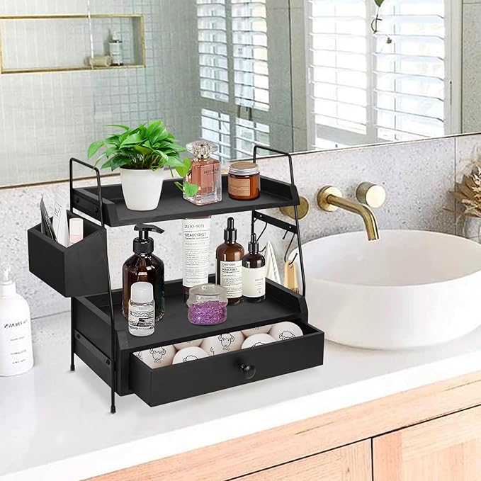 Coffee Bar Accessories and Organizer Countertop, Coffee Station Organizer 2 Tier Counter Shelf with Drawer, Condiment Storage Cup Lid Holder Countertop Shelf for Bathroom,Kitchen