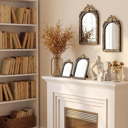 Thyle 4 Pcs Vintage Gold Antique Mirror Set Arch Retro Resin Baroque Decorative Makeup Mirror Square Hanging Wall Desk Tabletop Room Bedroom Bathroom Gallery (13x9 10x7 8x5 7x4) (Dark Color)