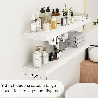 Fun Memories 48Inch Floating Shelves, 9.3Inch Deep Rustic Wall Shelves - Extra Deeper & Thicker Wall Mounted Storage Shelf for Kitchen, Farmhouse - Set of 2 - Rustic White