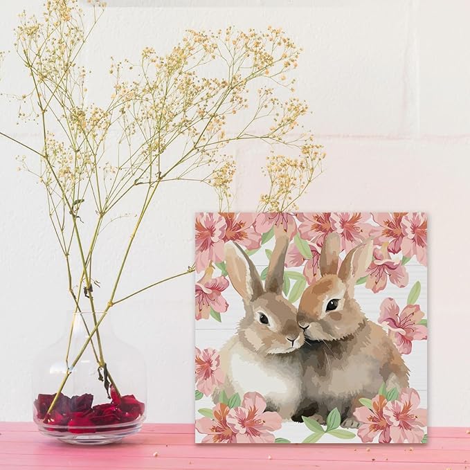 Wooden Bunny Rabbit Easter Decor Sign for Home Office Desk Table Mantle