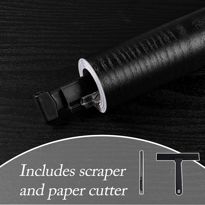 Wood Contact Paper With Tools, Black Peel and Stick Wallpaper Thickened No Tearing Vinyl Wrap, Self Adhesive Faux Wood Grain Wallpaper Cover Cabinets Countertop Wall Furniture Decoration 17.7" X 78.7"