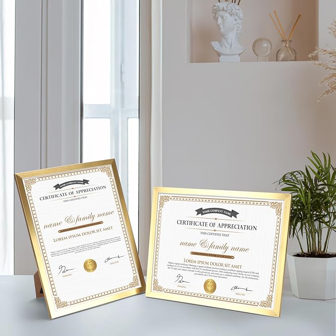 Hoikwo 18 Packs 8.5x11 Gold Multi Plastic Picture Frames Set with Plastic Cover, Certificate Frames for Document Diploma Award, Light Weight Bulk 8.5 by 11 Frames Pack for Wall Hanging and Table