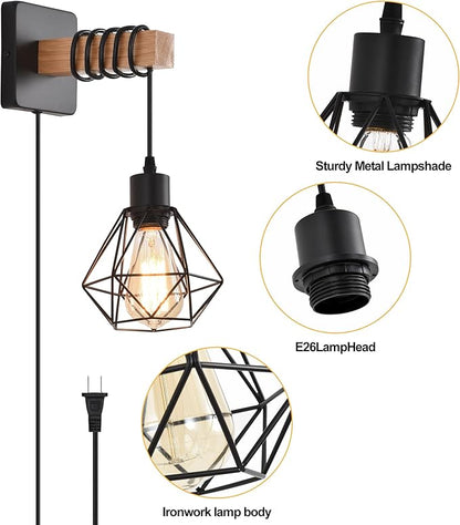 Rustic Wall Sconces Fixtures with Plug in Cord, Set of Two Indoor Vintage Rattan Wall Light Industrial Lamp Fixture Farmhouse Metal Sconces Light for Bedroom Bedside Living Room