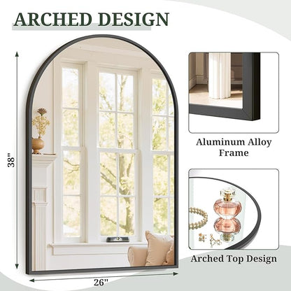 Arched Wall Mirror 38x26 Inch Black Bathroom Vanity Mirror with Metal Frame, Modern Arch Mirror for Bedroom, Living Room, Entryway, Wall Mounted Decorative Mirror