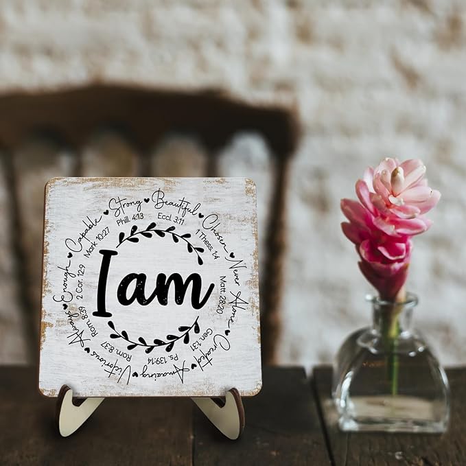 Inspirational Sign Rustic Desk Decor Decorative Christian Encouragement Religious Bible Verse Faith Decoration for Home Farmhouse Office Bathroom Table Shelf Counter Tiered Tray Plaque with Wood Stand