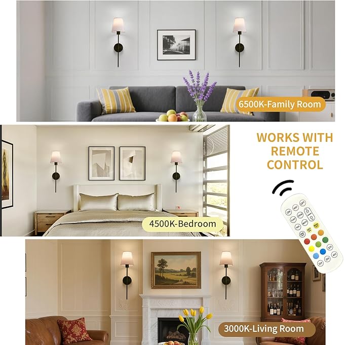 Wall sconces Set of Two Battery Operated – Rechargeable Wireless Wall Lights with Remote, 15 Colors & Dimmable Detachable Bulbs, Black Wall Lamps for Bedroom, Living Room, Hallway, and Home Decor