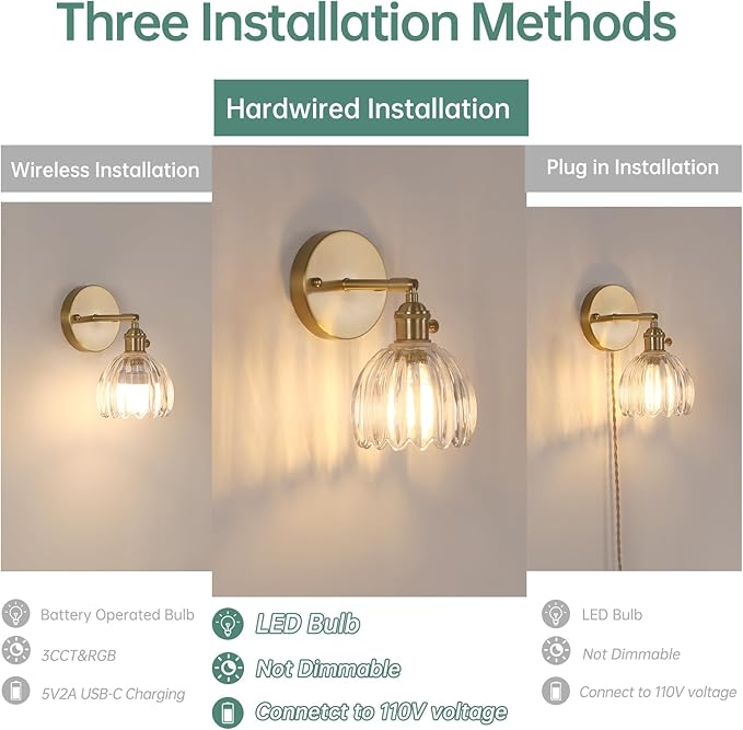 Vintage Wall Sconces with Transparent Tulip Glass Lampshade 180 Degree Adjustable Brass Sconces Hradwired Modern Wall Lighting Fixture with Switch for Bedside Bedroom Doorway