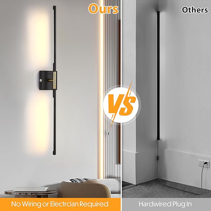 Battery Operated Wall Sconces Set of 2, Dimmable Battery Wall Sconce with Remote Control, Black Gold LED Rechargeable Sconces, 36 Inch Modern Wireless Wall Lights for Bedroom, Living Room