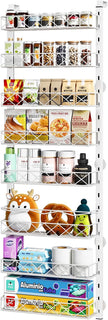 MIAOLI Over the Door Organizer, White 8-Tier Pantry Door Organizer with Adjustable Basket, Hanging Spice Rack Cabinet Door Shelves, Laundry Room Organization and Storage