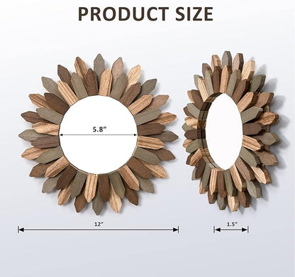 Honiway Boho Wall Decor Mirror 2 Pack 12 inch Rustic Wood Decorative Mirror for Room Decor Rustic Farmhouse Wall Decor for Bedroom Bathroom Living Room Entryway Tril Color