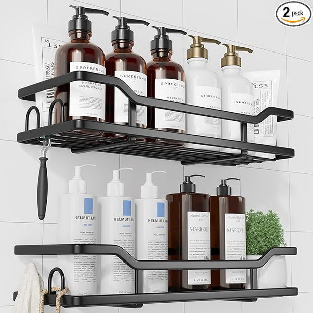 Kitsure Shower Caddy - 2 Pack, No Drilling Shower Organizer with 8 Hooks, Rustproof Stainless Steel Shower Shelf for Inside Shower, Wall Mounted Shower Rack for Bathroom, Kitchen, Black