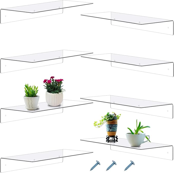 Blulu 8 Pcs Acrylic Floating Shelf, Invisible Wall Mounted Shelf for Book Plants Picture Makeup Record Display in Living Room, Bathroom, Bedroom, Kitchen, Office(14 x 5 x 2 Inches,Clear)
