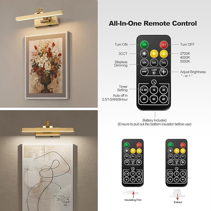 Picture Light with Remote 3 Colors Wireless Art Lights for Paintings,Rotatable Wall Sconce Rechargeable Battery Powered Painting Light,Dimmable Light Over Picture Frame for Gallery,Brass