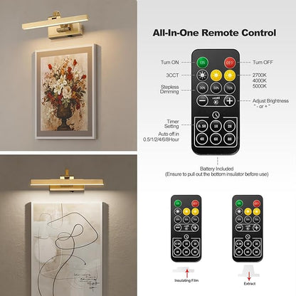 Picture Light with Remote 3 Colors Wireless Art Lights for Paintings,Rotatable Wall Sconce Rechargeable Battery Powered Painting Light,Dimmable Light Over Picture Frame for Gallery,Brass