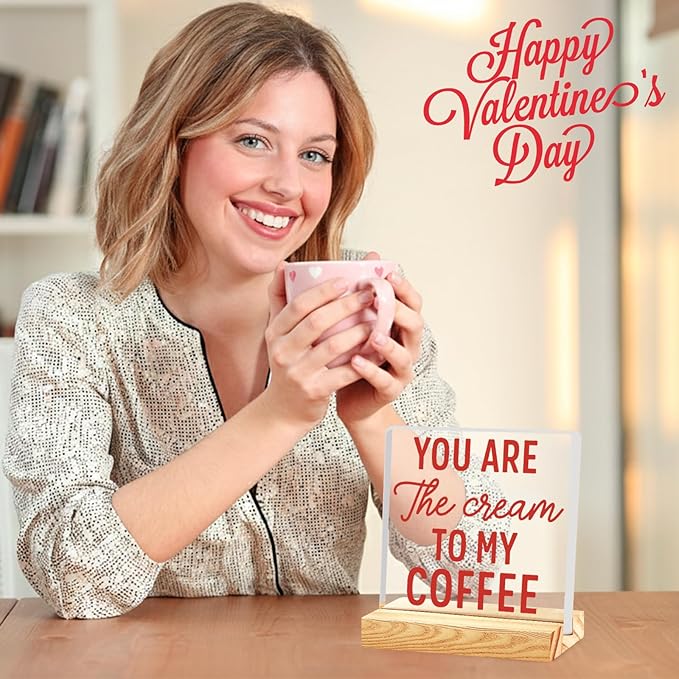Valentines Coffee Desk Decor, Valentine's Day Gifts for Lover Bar Station, Valentine Home Office Table Sign for Kitchen Shelf Tiered Tray, Cafe Tabletop Decoration to Couples, Cream To My Coffee