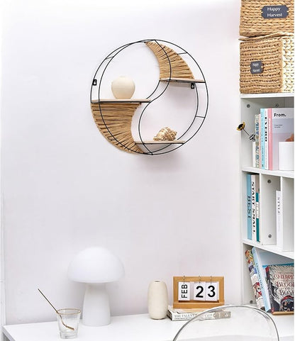 Urban Lifestyle Round Wall Shelf, Yin Yang Floating Shelf with Metal Frame, Boho Woven Wood Wall Decor, Modern Circular Hanging Shelf for Living Room, Bedroom, Entryway