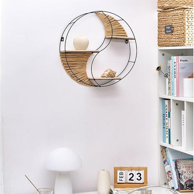 Urban Lifestyle Round Wall Shelf, Yin Yang Floating Shelf with Metal Frame, Boho Woven Wood Wall Decor, Modern Circular Hanging Shelf for Living Room, Bedroom, Entryway