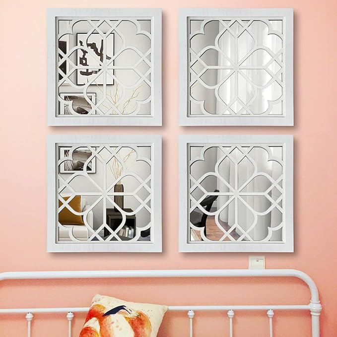 ZEXUIRU Set of 4 Wooden Rustic Square Wall Mirror Vintage Style Decorative Entry Mirror Farmhouse Wall Decoration for Living Room Bedroom Bathroom Kitchen 11.8 * 11.8inch White…