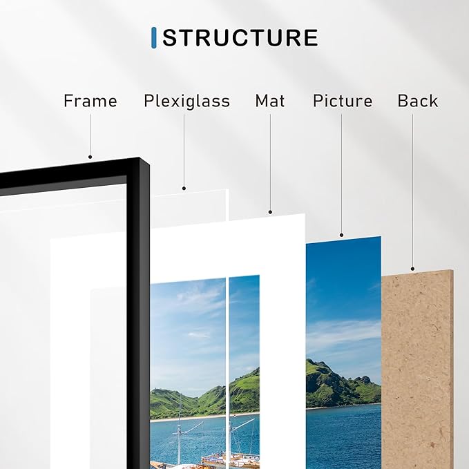 Wiscet 8.5x11 Picture Frame Set of 9, Display Pictures 6x8 with Mat or 8.5x11 Without Mat, Photo Frame for Wall Mounting or Tabletop Display, Black