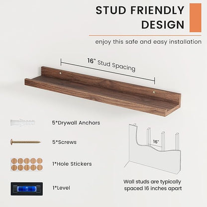 Picture Ledge Shelf, Floating Shelves Set of 2, 24 Inches Nursery Book Shelves for Toys Storage, Kids Bookshelf Wall Mounted for Living Room Bedroom Decor Books Photo Frames, Walnut