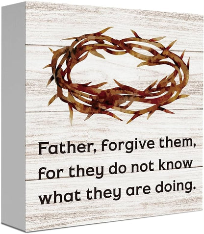 Christian Sign Christian Jesus Decor Decorations Rustic Farmhouse Religious Table Decorations Gifts for Women Home Office Desk Table Shelf Decor Father Forgive Them Sign 5 X 5 Inch