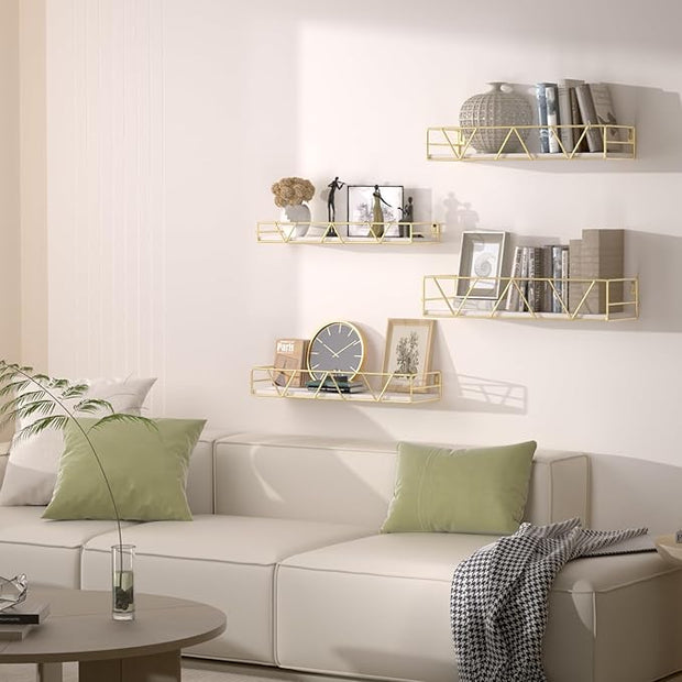 Floating Shelves Set of 3, Home Wood Wall Shelf, Farmhouse Shelf for Bedroom, Wall Mounted Floating Shelf for Living Room, Bedroom, Bathroom, Kitchen, Office (Gold-4pcs)