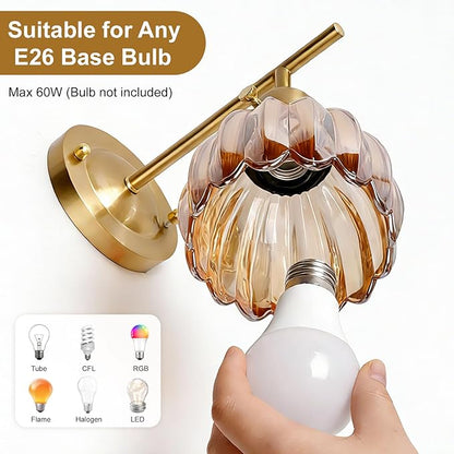 Vintage Gold Wall Sconces Set of 2 with Cute Amber Tulip Glass Lampshade, Hardwired and Wireless Wall Mounted Light Fixtures (2 Usage Methods) with Switch for Bedside Bedroom Living Room Wall Decor