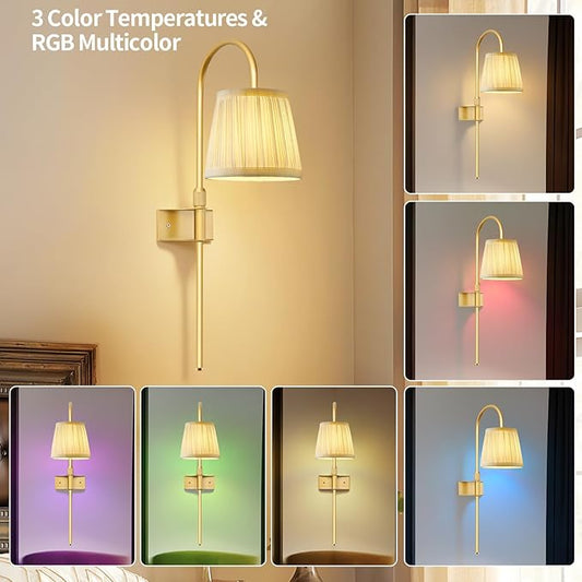 Vintage Battery Operated Wall Sconces Set of 2, Gold Rechargeable Wireless Wall Lamp Lights with Fabric Lampshade & LED Remote Bulb,Dimmable Flower Wall Sconce for Bedroom Living Room Hallway