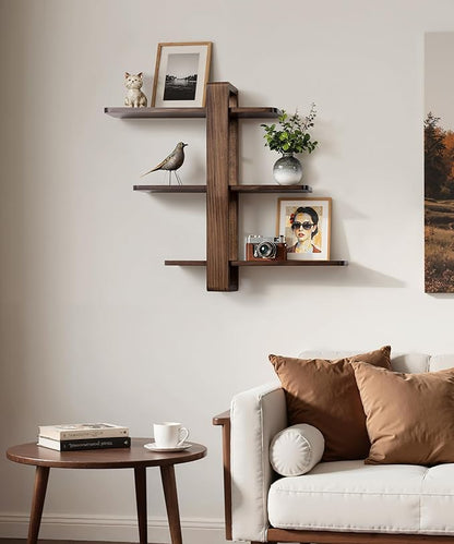 SUMGAR Floating Shelves for Wall Walnut Mounted Shelf Unit for Living Room Bedroom Bathroom Mid Century Modern Decorative Storage Plant Photo Display Home Decor 3 Tier Large 20in All Pine