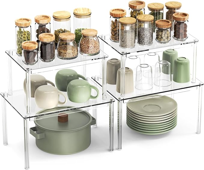 4Pack Acrylic Cabinet Organizer, Clear Cabinet Organizer Shelf, Spice Rack Organizer for Cabinet for Dishes, Spices, Soda Cans and Bottles, Stackable Shelves House Essentials for Gift