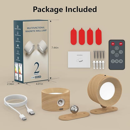 2Pack Rechargeable Battery Operated Wall Sconces Set 3 Color Temp Dimmable Remote Control, Magnetic LED Wall Mounted Lamp for Bedroom Reading Bedside Living Room Hallway Kitchen Artwork