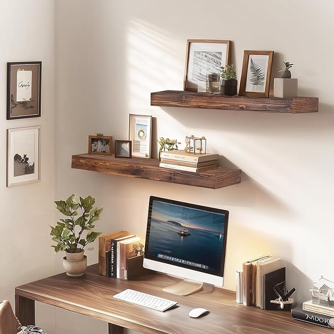 24x6.8x2 Inch Rustic Floating Shelves for Wall Set of 2 - Brown Solid Wood Wall Mounted Shelves with Invisible Bracket, Extended Design for Farmhouse Living Room Bedroom Kitchen Decor