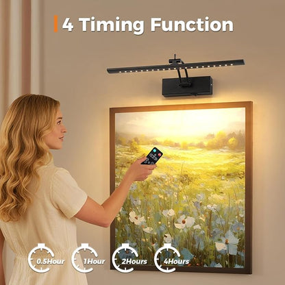 Battery Operated Picture Light with Remote, 16" Wireless LED Art Light Rechargeable 5000mAh, Dimmable Painting Light for Wall, 3000K Warm White, Adjustable Swing Arm Metal Display Light, Black