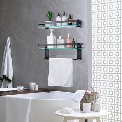 Suzile Set of 2 Glass Bathroom Shelves with Bar, Wall Mounted 15.7 x 4.7 Inches, Bathroom Shelves Hanging Modern Floating Shelf Metal Stick Room Rustproof Organizer Decorative(Black)