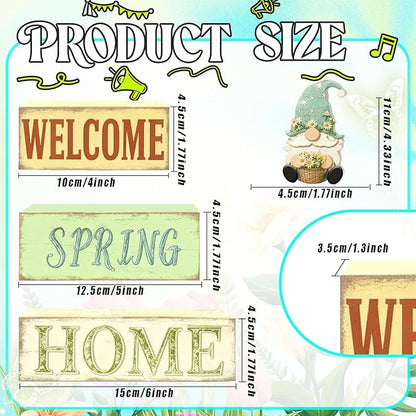 Spring Decoration Wooden Tiered Tray Decor – Rustic Welcome Spring Home Gnome Stacked Block Sign with Flower – Farmhouse Tabletop Spring Decor for Living Room Shelf Kitchen Coffee Bar Seasonal Home