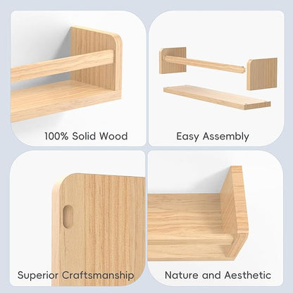 Floating Wall Nursery Book Shelves for Bedrooms Kids 16.5 Inch Natural Color Wooden Baby Book Shelf for Kids Rooms Set of 3 Nursery Shelves for Wall Mounted Toddler Bookshelf