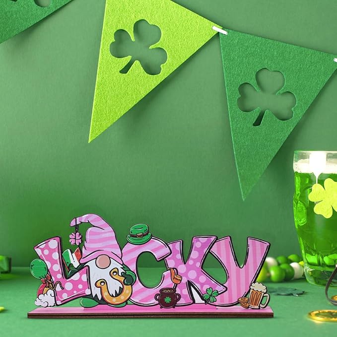 St Patricks Day Decor for Table Irish Lucky Decoration Leprechaun Wooden Centerpieces Rustic Farmhouse Sign for Tabletop Home Shelf Office St Patricks Day Party Decoration Pink