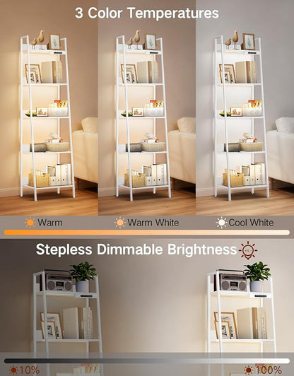 5-Tier Small Ladder Shelf with LED Lights, Touch & Remote Control, 3 Color Temperatures, Dimmable Tall Corner Standing Bookcase, Metal Wood Display Shelf for Living Room, Bedroom(White)