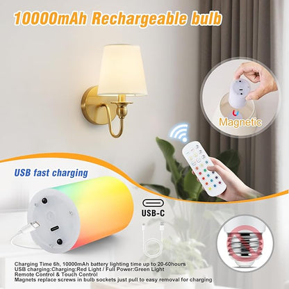 Battery Operated Wall Sconces set of Two,Wireless Wall Sconces with 10000mAh Dimmable Bulb and Remote,LED 15 Colors Rechargeable Gold Wall Sconce with Fabric for Bedroom Living Room Hallway Wall Decor