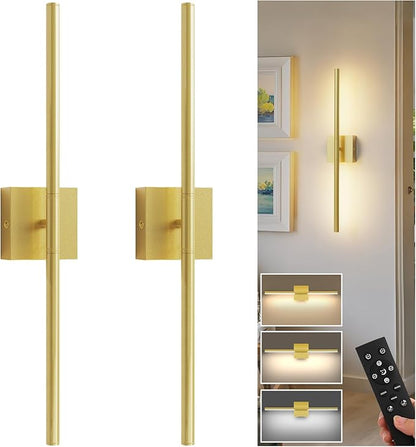 L LOHAS LED Battery Operated Wall Sconces Set of 2, Battery Wall Sconce 10000mAh, Gold Rechargeable Sconces 3CCT, 23.7 Inch Wireless Wall Lights, Sconce Wall Decor for Bedroom, Living Room