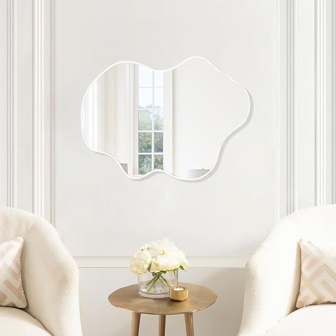 CULER Irregular White Bathroom Wall Mirror,22 x 30 Inch Asymmetrical Vanity Modern Tempered Glass Mirror for Bedroom,Living Room,Entryway