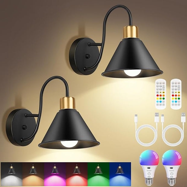 Frideko Rechargeable Battery Operated Wall Sconces Set of Two with Remote, RGB 15 Colors Dimmable Black Wall Light, Indoor Battery Powered Wireless Sconce with Timer for Living Room Bedroom