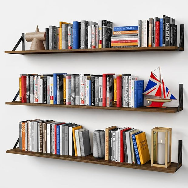 Forbena 48 Inch Floating Shelves for Wall Long Set of 3, Large Wooden Wall Bookshelf for Bedroom Books, Rustic Wood Hanging Bookshelves for Living Room Laundry Closet Kitchen Storage (Dark Brown)