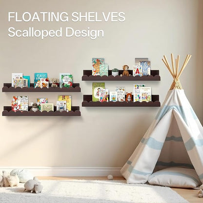 Walnut Scalloped Book Shelf, Dark Wood Nursery Book Shelves Set of 2 Pine Wooden Floating Bookshelf for Wall Cloud Picture Ledge Shelf for Kids Bedroom Baby Child Toddler Room Kitchen(90cm)
