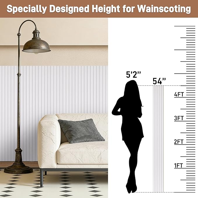 16 Packs Slat Wood Wall Panels, 54 x 6 Inch WPC Wainscoting Panels for Interior Wall Decor, Living Room, Bedroom, Fluted Accent Wall Panels, Low Grille Wall Panels, White Oak